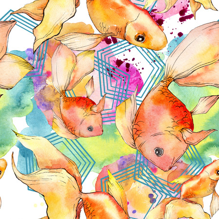Watercolor aquatic underwater colorful tropical fish background illustration set. Watercolour drawing fashion aquarelle isolated. Seamless background pattern. Fabric wallpaper print texture.の写真素材