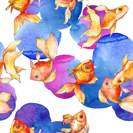 Watercolor aquatic underwater colorful tropical fish background illustration set. Watercolour drawing fashion aquarelle isolated. Seamless background pattern. Fabric wallpaper print texture.の写真素材