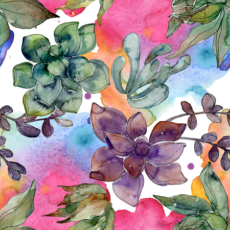 Exotic tropical hawaiian summer. Jungle botanical succulent. Watercolor illustration set. Watercolour drawing fashion aquarelle isolated. Seamless background pattern. Fabric wallpaper print texture.の写真素材