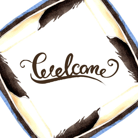 Watercolor blue and black bird feather from wing isolated. Aquarelle feather for background, frame or border. Watercolour drawing fashion aquarelle isolated. Frame border ornament square.の写真素材