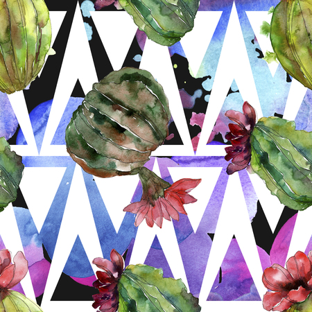 Green cactus floral botanical flower. Wild spring wildflower isolated. Watercolor illustration set. Watercolour drawing fashion aquarelle. Seamless background pattern. Fabric wallpaper print texture.の写真素材
