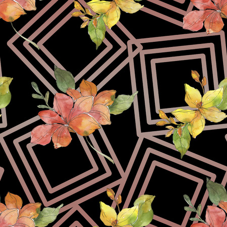 Red and yellow tropical botanical flowers. Wild spring leaf isolated. Watercolor illustration set. Watercolour drawing fashion aquarelle. Seamless background pattern. Fabric wallpaper print texture.の写真素材