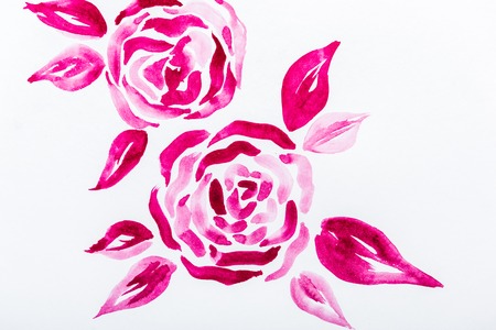 Top view of pink watercolor flowers with leaves on white backgroundの写真素材