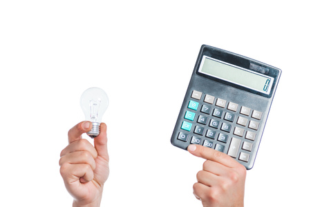 cropped view of male hands holding led lamp and calculator in hands isolated on white, energy...