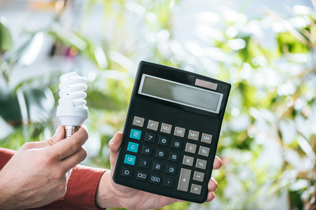 cropped view of fluorescent lamp and calculator in male hands, energy efficiency conceptの写真素材