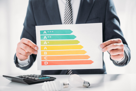 cropped view of businessman in suit holding charts and graphs near fluorescent lamps and calculator on white background, energy efficiency conceptの写真素材