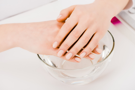 Cropped view of beautiful female hands in glass bowlの写真素材