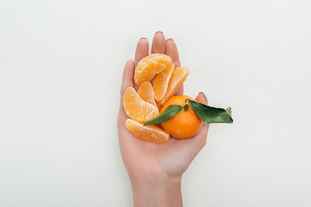 cropped view of woman holding peeled tangerine slices and whole tangerine on white backgroundの写真素材