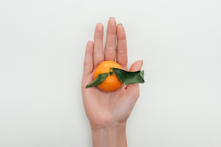 partial view of woman holding whole bright tangerine in hand on white backgroundの写真素材
