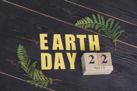 wooden calendar with date "22 april" and green fern leaf on light green backgroundの写真素材