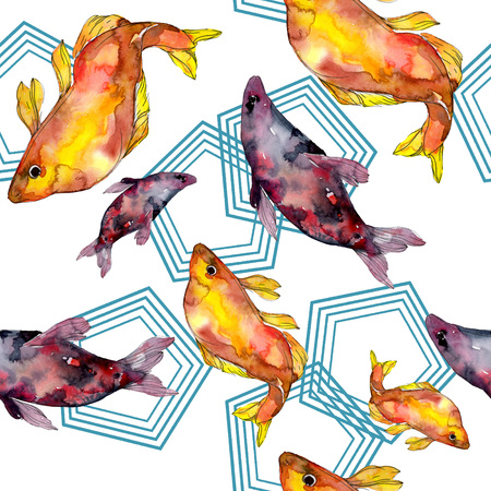 Spotted aquatic underwater colorful fish set. Red sea and exotic fishes inside. Watercolor illustration set. Watercolour drawing fashion aquarelle. Seamless background pattern. Fabric wallpaper print.の写真素材