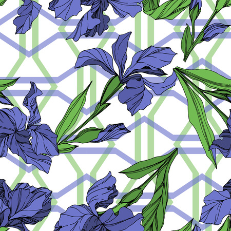 Vector Blue iris floral botanical flower. Wild spring leaf wildflower isolated. Blue and green engraved ink art. Seamless background pattern. Fabric wallpaper print texture.の写真素材