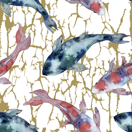 Spotted aquatic underwater colorful fish set. Red sea and exotic fishes inside. Watercolor illustration set. Watercolour drawing fashion aquarelle. Seamless background pattern. Fabric wallpaper print.の写真素材