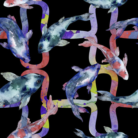 Spotted aquatic underwater colorful fish set. Red sea and exotic fishes inside. Watercolor illustration set. Watercolour drawing fashion aquarelle. Seamless background pattern. Fabric wallpaper print.の写真素材
