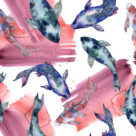 Spotted aquatic underwater colorful fish set. Red sea and exotic fishes inside. Watercolor illustration set. Watercolour drawing fashion aquarelle. Seamless background pattern. Fabric wallpaper print.の写真素材