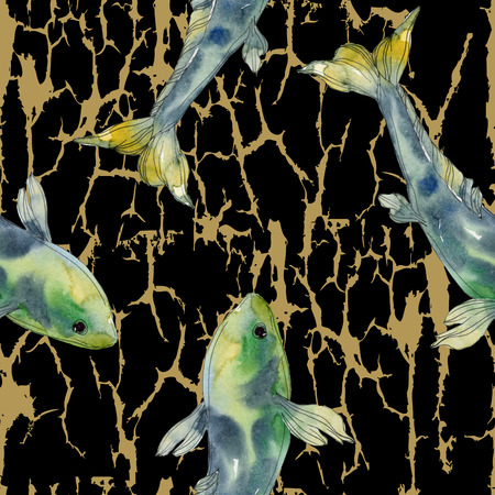 Spotted aquatic underwater colorful fish set. Red sea and exotic fishes inside. Watercolor illustration set. Watercolour drawing fashion aquarelle. Seamless background pattern. Fabric wallpaper print.の写真素材