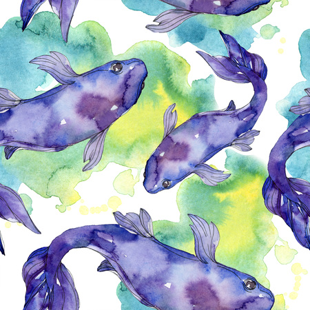 Aquatic fish set. Red sea and exotic fishes inside: Goldfish. Watercolor illustration set. Watercolour drawing fashion aquarelle. Seamless background pattern. Fabric wallpaper print texture.の写真素材