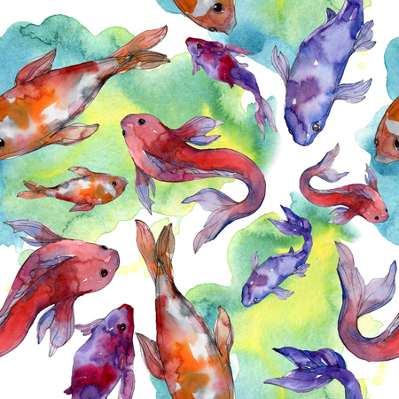 Aquatic fish set. Red sea and exotic fishes inside: Goldfish. Watercolor illustration set. Watercolour drawing fashion aquarelle. Seamless background pattern. Fabric wallpaper print texture.の写真素材