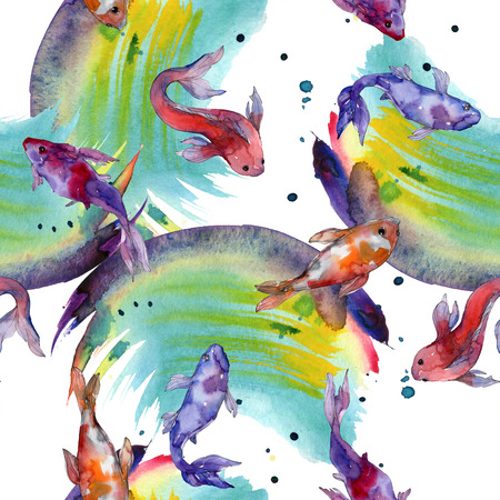 Aquatic fish set. Red sea and exotic fishes inside: Goldfish. Watercolor illustration set. Watercolour drawing fashion aquarelle. Seamless background pattern. Fabric wallpaper print texture.の写真素材
