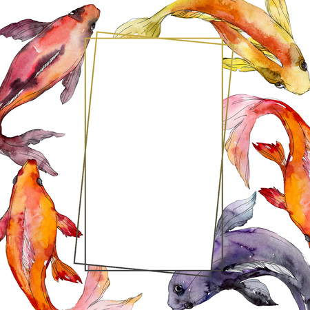 Aquatic underwater tropical fish set. Red sea and exotic fishes inside: Goldfish. Watercolor background illustration set. Watercolour drawing fashion aquarelle isolated. Frame border ornament square.の写真素材