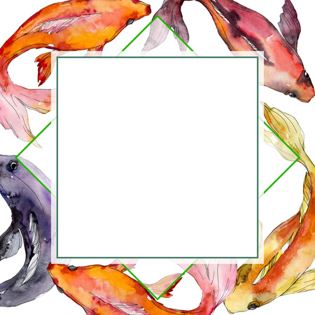 Aquatic underwater tropical fish set. Red sea and exotic fishes inside: Goldfish. Watercolor background illustration set. Watercolour drawing fashion aquarelle isolated. Frame border ornament square.の写真素材