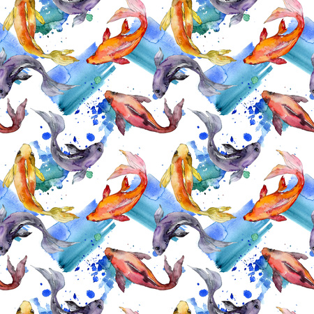 Aquatic fish set. Red sea and exotic fishes inside: Goldfish. Watercolor illustration set. Watercolour drawing fashion aquarelle. Seamless background pattern. Fabric wallpaper print texture.の写真素材