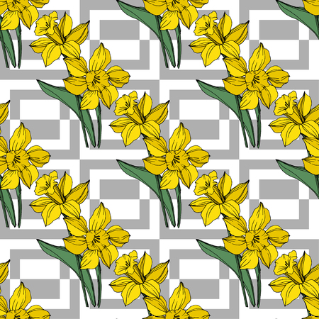 Vector Yellow Narcissus floral botanical flower. Wild spring leaf wildflower isolated. Engraved ink art. Seamless background pattern. Fabric wallpaper print texture.の写真素材