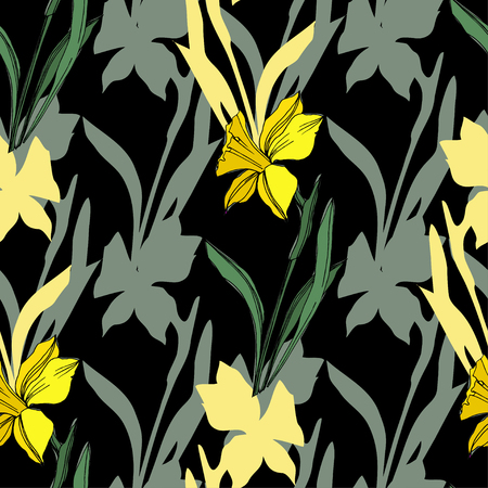 Vector Yellow Narcissus floral botanical flower. Wild spring leaf wildflower isolated. Engraved ink art. Seamless background pattern. Fabric wallpaper print texture.のイラスト素材
