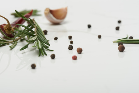 rosemary leaves, garlic clove, black pepper and red hot chili peppers on white surfaceの写真素材