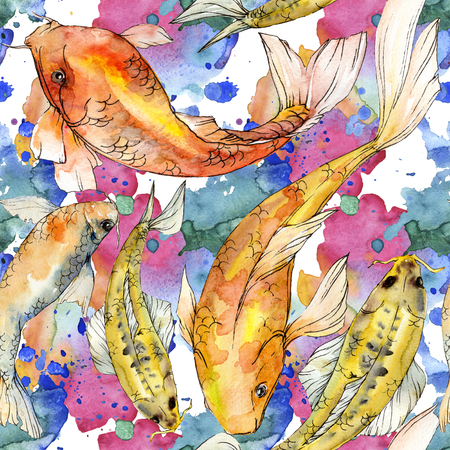 Watercolor aquatic underwater colorful tropical fish set. Red sea and exotic fishes inside: Golden fish. Aquarelle elements for background, texture, wrapper pattern.の写真素材