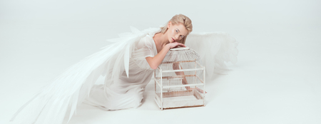 beautiful woman in angel costume with wings leaning on bird cage and looking at camera isolated on whiteの写真素材