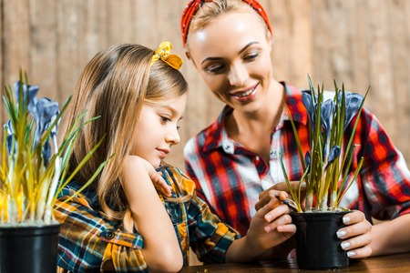 happy kid touching flowers in pot near beautiful motherの写真素材