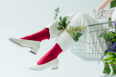 cropped view of woman in white pants with green leaves and stylish shoes sitting in shopping cart isolated on whiteの写真素材