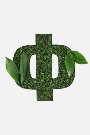 top view of cyrillic letter with green grass on background and bright leaves isolated on whiteの写真素材