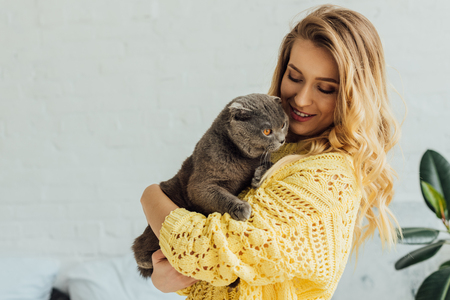 beautiful smiling girl in knitted sweater holding cute scottish fold catの写真素材