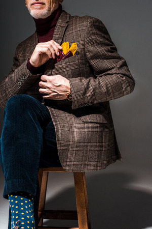 cropped view of fashionable mature man sitting on chair and touching handkerchief on greyの写真素材