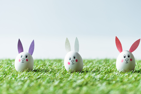 selective focus of Eastern chicken eggs with funny bunny faces and paper ears on green grassの写真素材