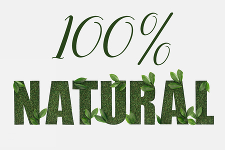 top view of 100 % natural lettering with green fresh leaves isolated on whiteの写真素材