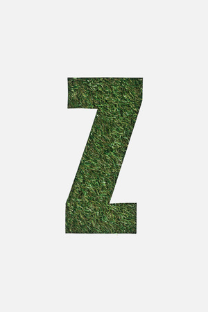 top view of cut out Z letter on green grass background isolated on whiteの写真素材