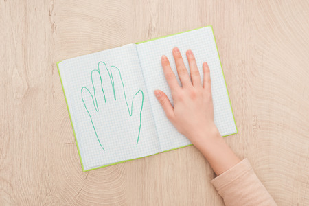 cropped view of female hand on opened notebook with drawn human palm