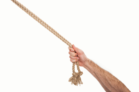 cropped view of man holding brown ropes in hand isolated on whiteの写真素材