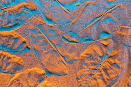 top view of textured background with leaf prints on sand and color filter