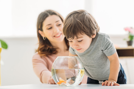 Selective focus of adorable child looking into fish bowl near smiling motherの写真素材