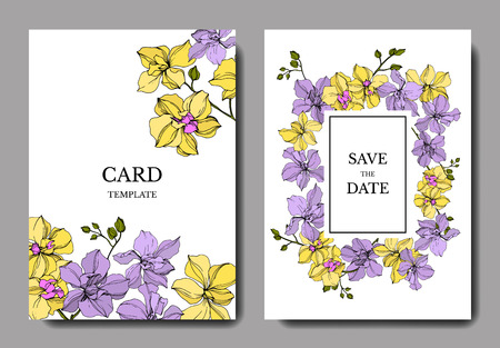 Vector Orchid floral botanical flowers. Yellow and violet engraved ink art. Wedding background card floral decorative border. Thank you, rsvp, invitation elegant card illustration graphic set banner.のイラスト素材