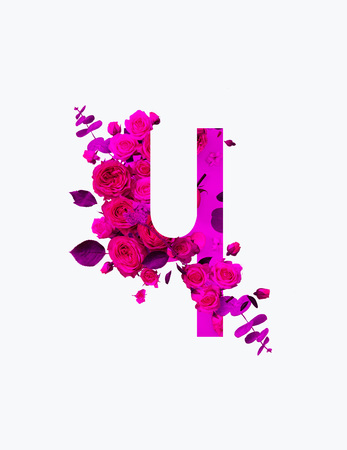 Cyrillic letter with bright pink flowers isolated on whiteの写真素材