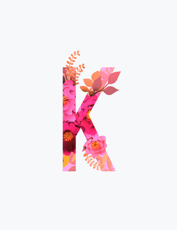 Cyrillic letter with paper cut pink flowers and leaves isolated on whiteの写真素材