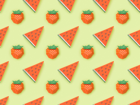 top view of seamless pattern with handmade paper strawberries and watermelon slices isolated on...