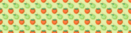 Panoramic shot of pattern with handmade paper strawberries and apples isolated on green background