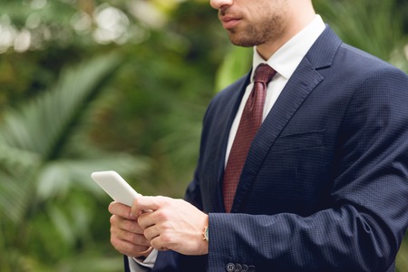 Cropped view of businessman in suit using smartphone in greenhouseの写真素材