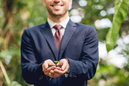 Partial view of smiling businessman in suit and tie holding green sprout and ground in hands in orangeryの写真素材